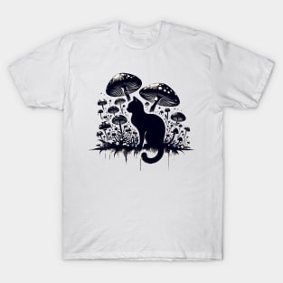 Funny Vintage Black Cat in Mushroom Garden T-Shirt